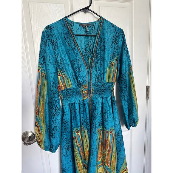 Gracia Maxi Dress Blue Green Smocked Waist Front Slit Boho Whimsical medium - Picture 14 of 16
